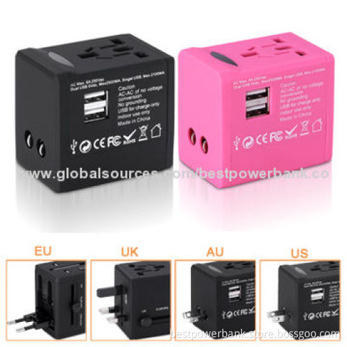 Colorful 2-USB Port International Universal Travel Adapters for Mobile Phone/Tablet, CE/RoHS/FCC/SGS